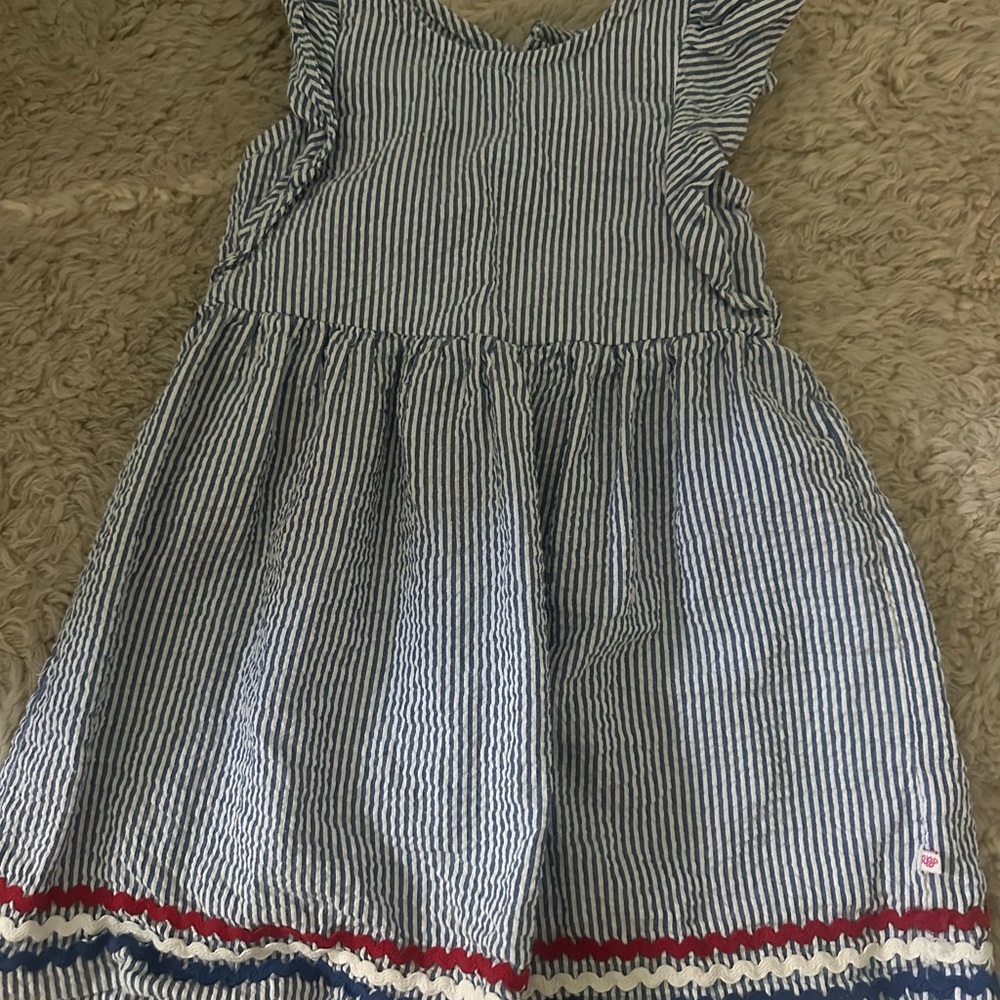 Ruffle Butts Blue and White Striped Dress with Red Trim